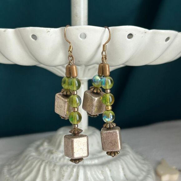 Handmade Vintage Repurposed Gold and Green Dangle Earrings - Picture 1 of 4